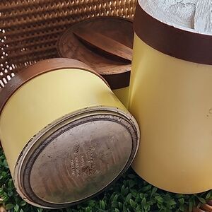 Vintage Butter Yellow Canister Set Of 3 Beautyware Metal With Faux Wood Lid
